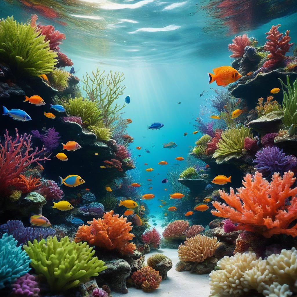 An underwater scene showcasing a vibrant aquarium filled with colorful fish, lush aquatic plants, and intricate coral structures, highlighting the harmony of a thriving ecosystem. Incorporate icons or symbols representing insurance, like a shield or a policy document, subtly blended into the aquatic landscape. Emphasize the health of the marine life and the beauty of the underwater world to convey the importance of protection and care. super-realistic. vibrant colors. white background.