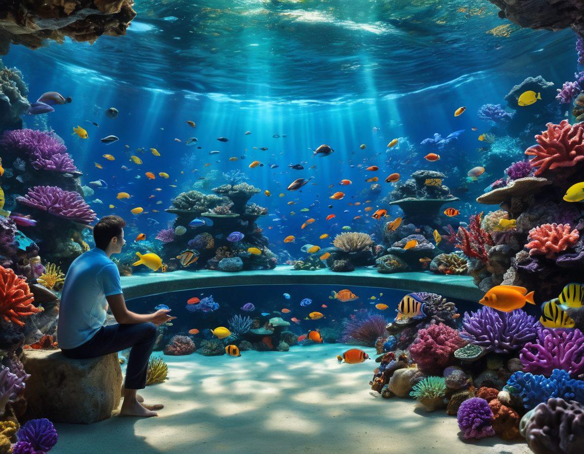 A vibrant underwater scene showcasing a variety of colorful coral reefs and lively fish, with an aquarium enthusiast observing and caring for their aquarium filled with exotic species, alongside floating icons of insurance documents and coverage options. The image embodies a sense of connection between passion for reefing and the security of insurance. super-realistic. vibrant colors. 3D.