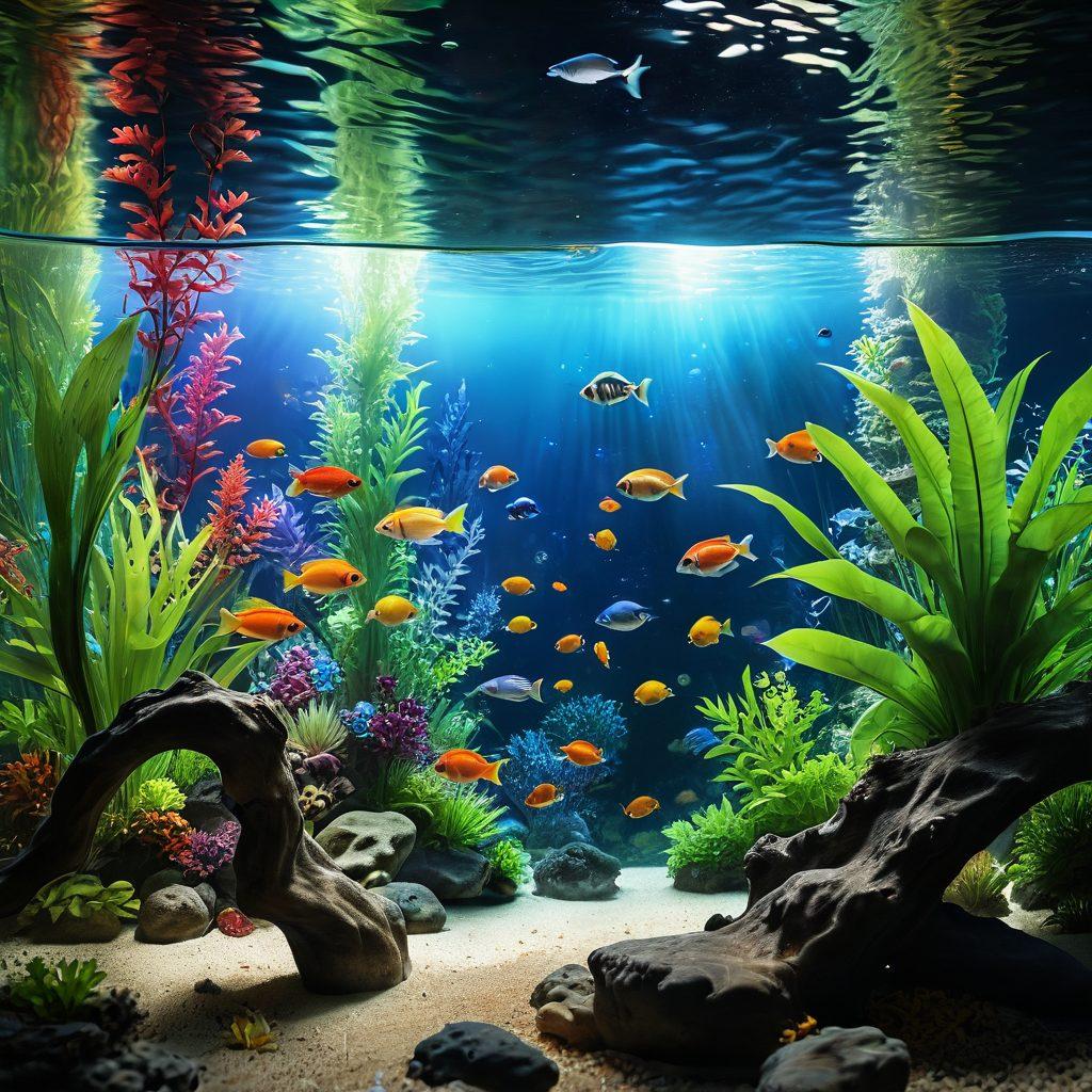 A serene and colorful aquarium scene showcasing diverse aquatic life, including vibrant tropical fish and lush underwater plants. Overlay images of insurance policy documents and family members enjoying the aquarium together, symbolizing strong bonds and protection. The background features soft bubbles rising and a gentle light filtering through the water, creating a warm, inviting atmosphere. Illustrate a sense of care and connection to both the aquatic life and family, emphasizing the theme of support. super-realistic. vibrant colors. soft lighting.